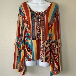 Colorful Aztec Southwestern Western Geometric Ruffle Lace Up Peasant Top L